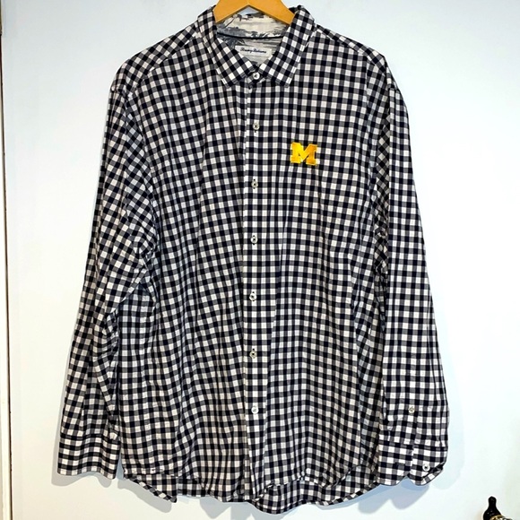 Tommy Bahama Michigan Logo Navy and White Casual Button Down Shirt - Picture 1 of 7